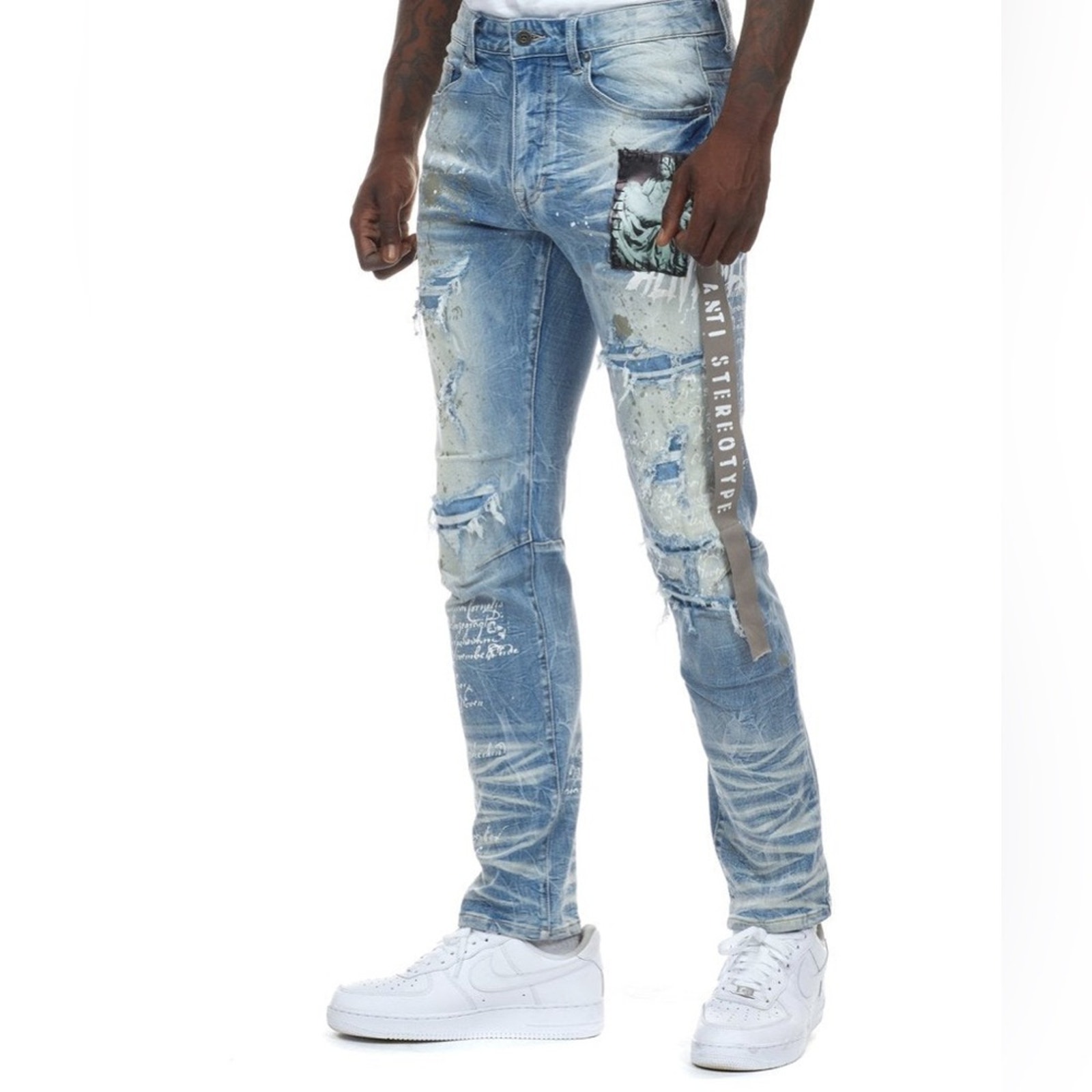 Smoke Free Men's 32x32 Casual Collage Patch Paint Splatter Faded Denim Jeans